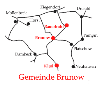 Map showing the villages of Gemeinde-Brunow