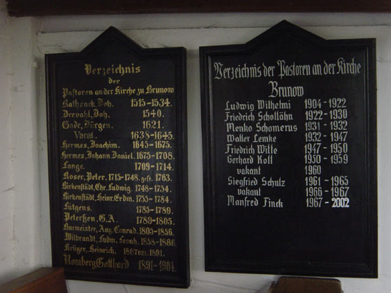 Picture of plaques listing of Pastors of church at Brunow